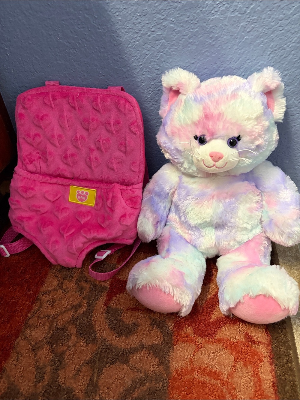 Build-A-Bear Pastel Swirl Tie-Dye Rainbow Cat Plush with Pink Heart Backpack